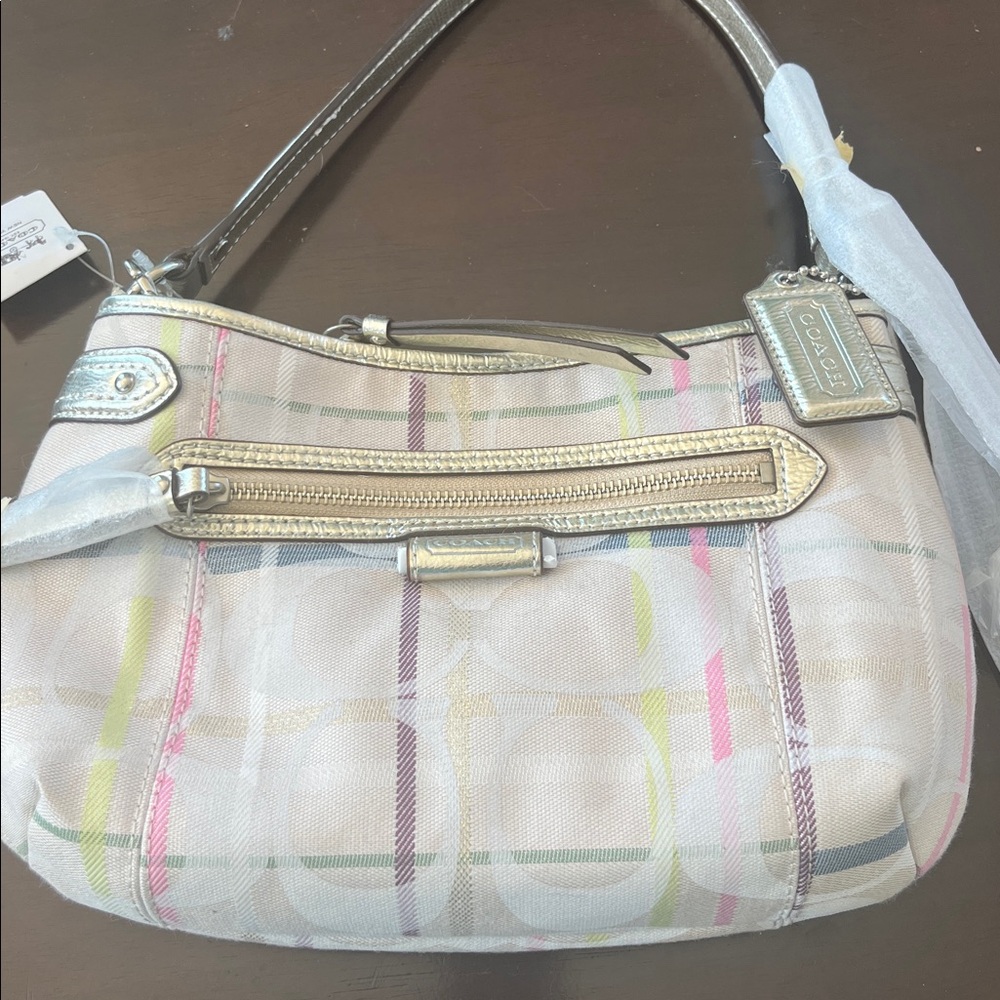 Coach Beige and Pink Plaid Shoulder Bag NWT